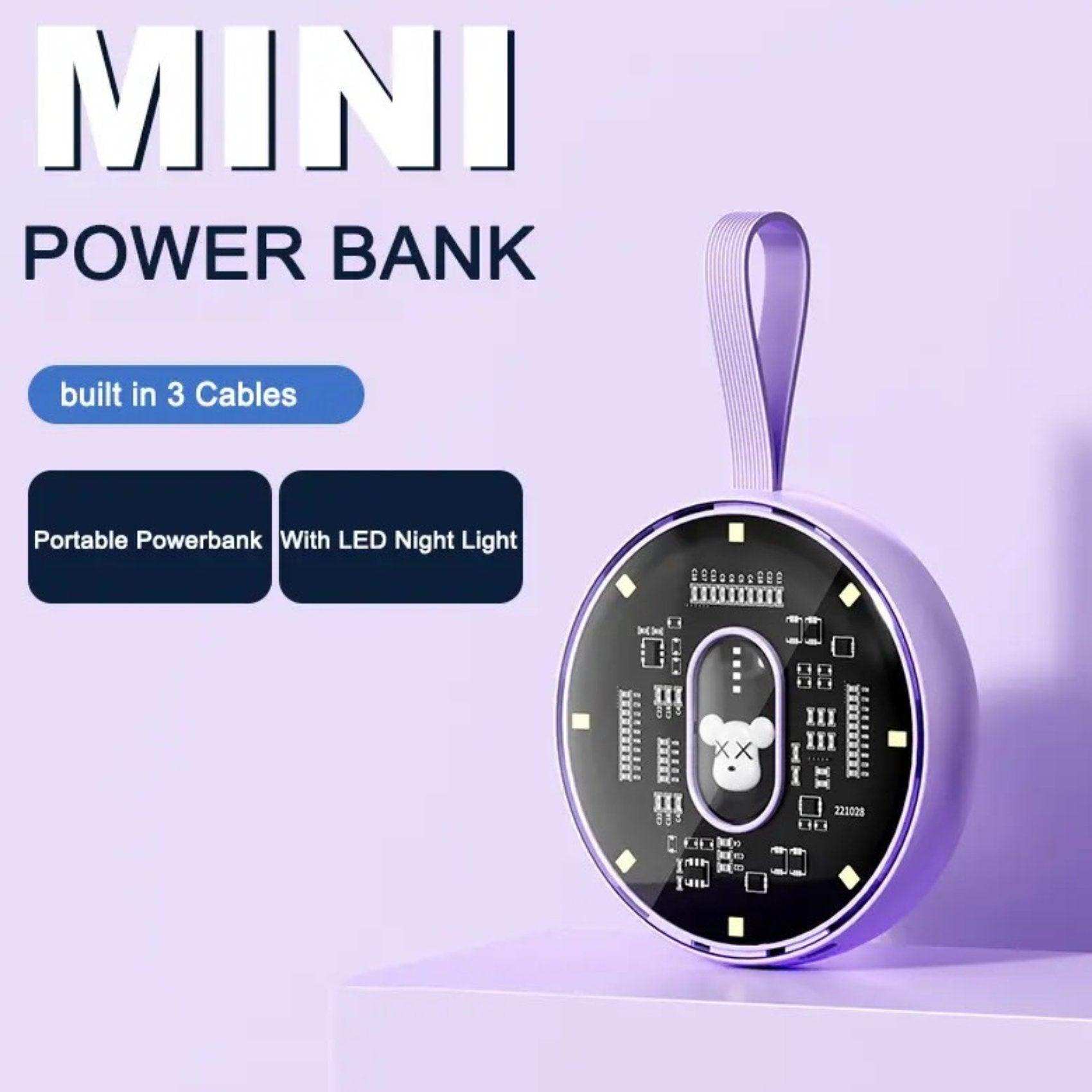 Mini purple power bank with LED night light, built-in cables, round display, TUTT