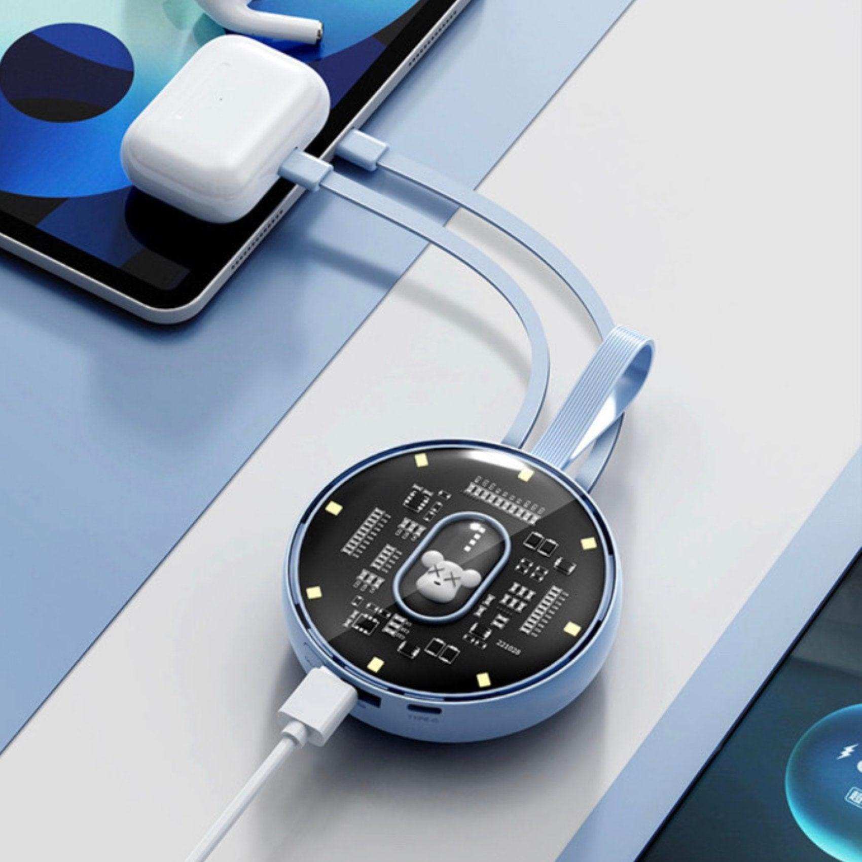 Round blue 10000mAh power bank with built-in cables charging devices, LED light, circuit design TUTT