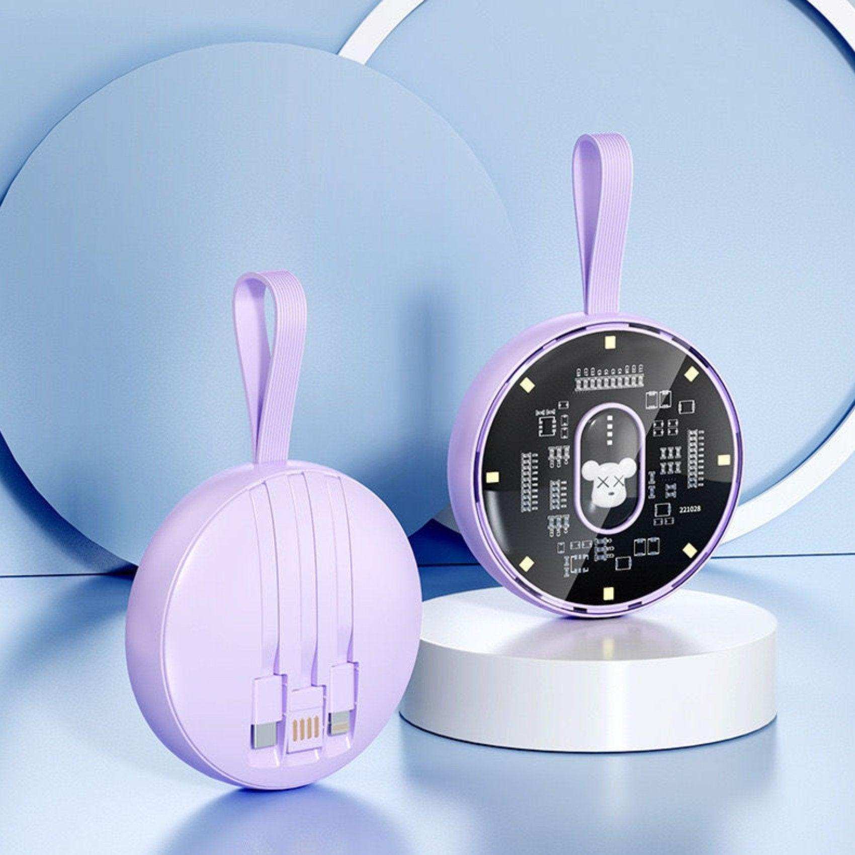 Purple circular mini power bank with built-in charging cables and LED night light display, TUTT