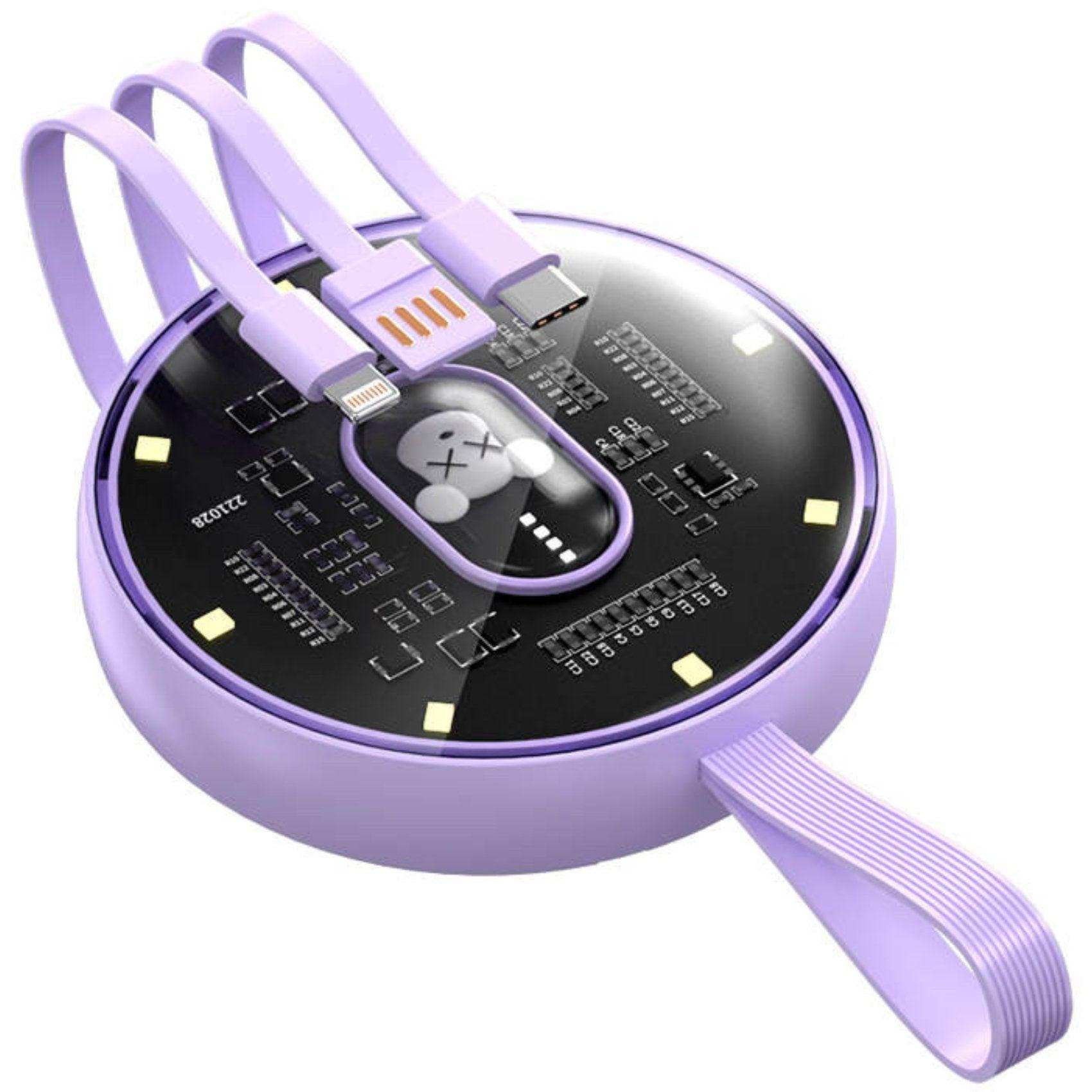 Purple TUTT P3 power bank with built-in cables, mini LED night light, portable charger TUTT