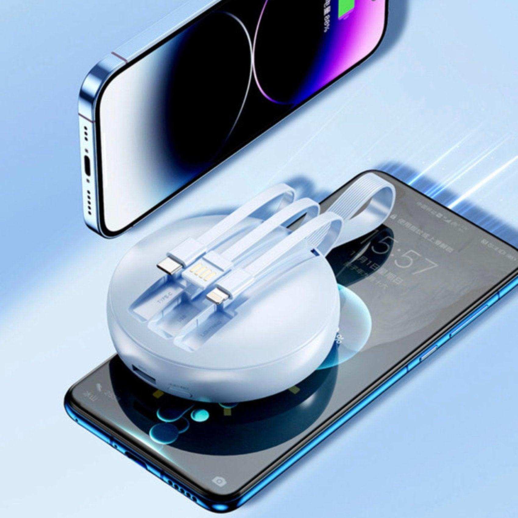 Round white 10000mAh power bank with built-in charging cables on two smartphones, fast charging TUTT