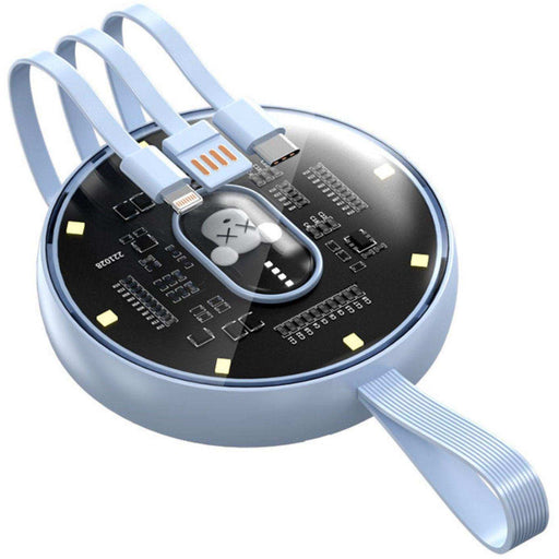 Round blue 10000mAh power bank with built-in 3 charging cables and LED lights, TUTT