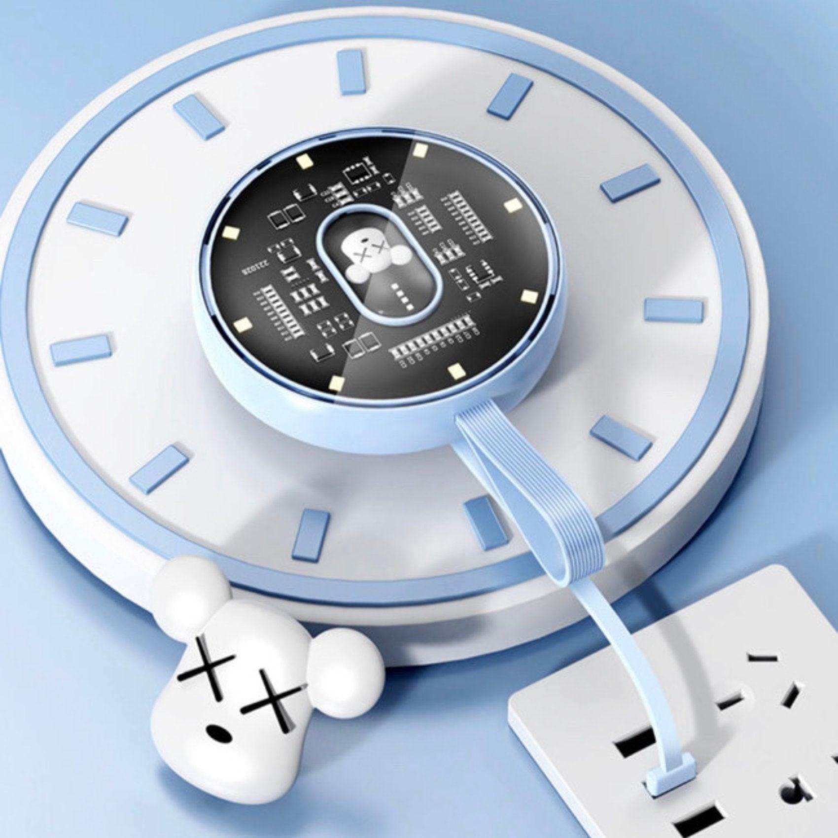 TUTT P3 power bank 10000mAh mini portable charger with built-in cables and LED night light, shown in blue on a circular surface. TUTT