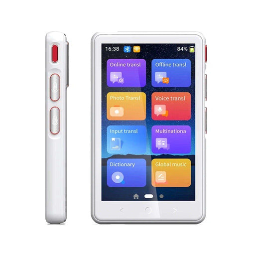 White handheld language translator device with touchscreen and colorful language translation app icons, TUTT at end