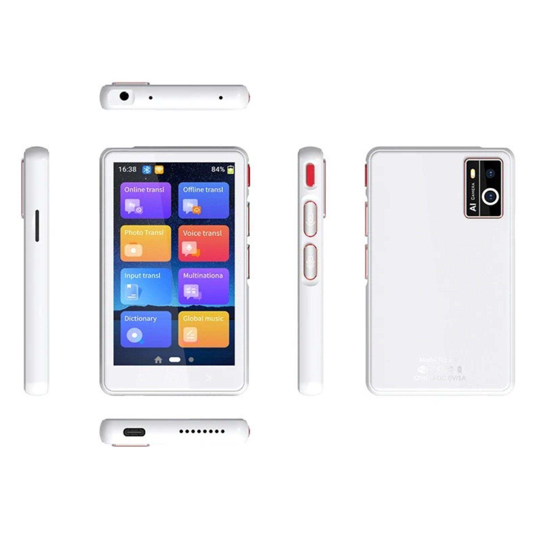 White AI language voice translator device with touchscreen, camera, buttons, and app icons, TUTT