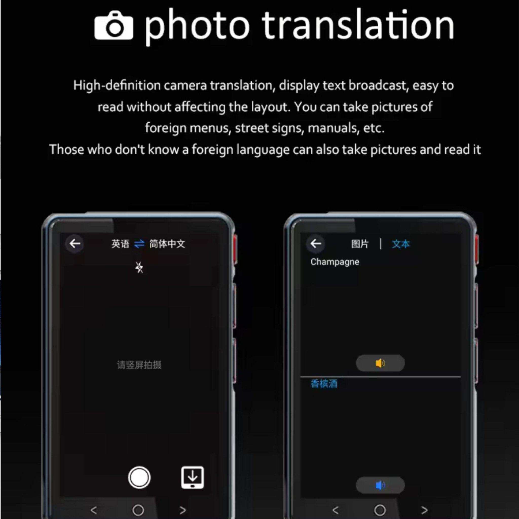 TUTT AI language image translator device showing camera translation and text output screens TUTT