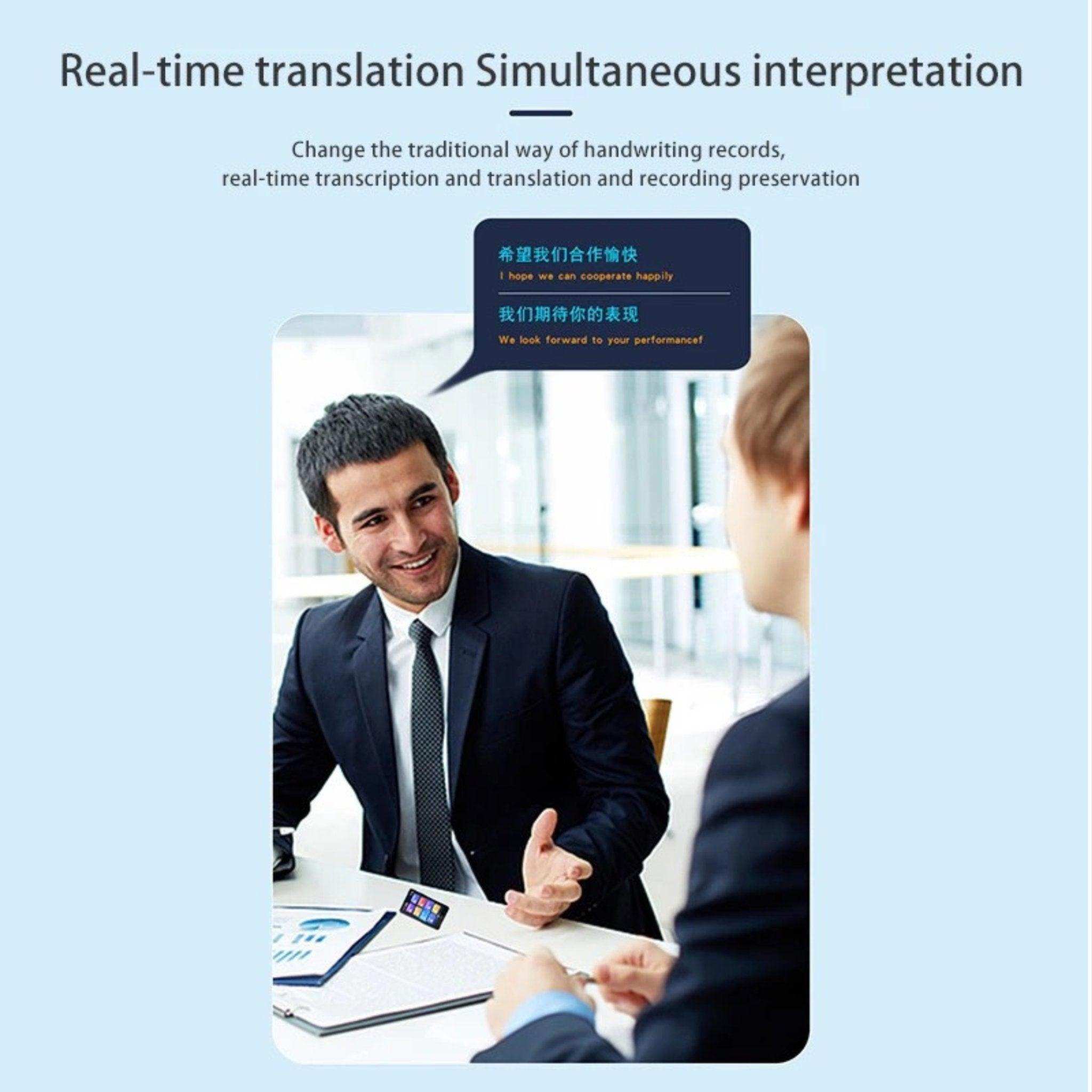 Businessmen using TUTT AI voice language translator device for real-time translation meeting TUTT