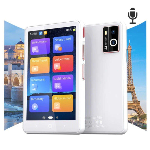 AI language voice translator device with touchscreen and camera, Eiffel Tower background, TUTT