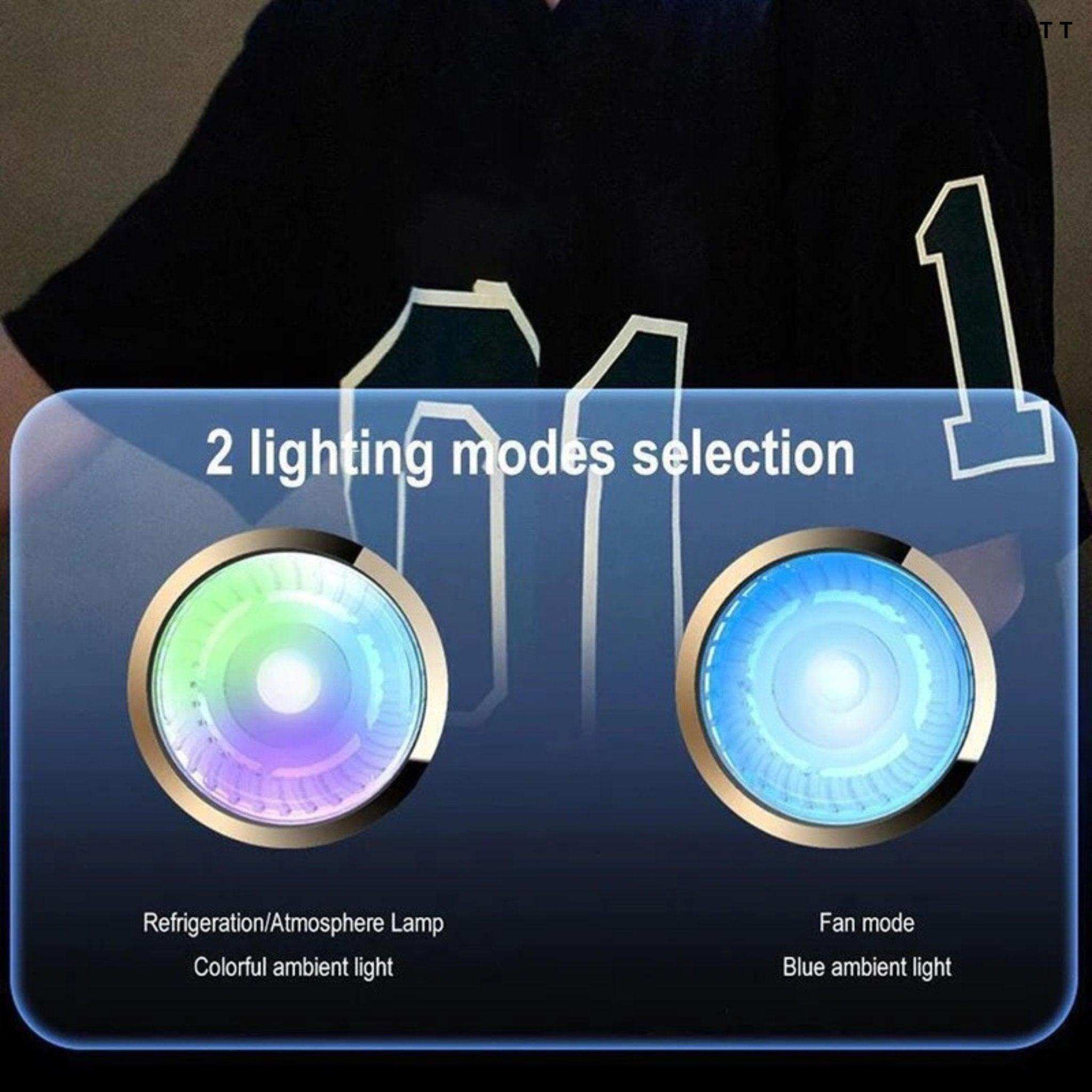 Display showing two lighting modes for portable neck cooler, colorful and blue ambient light, TUTT