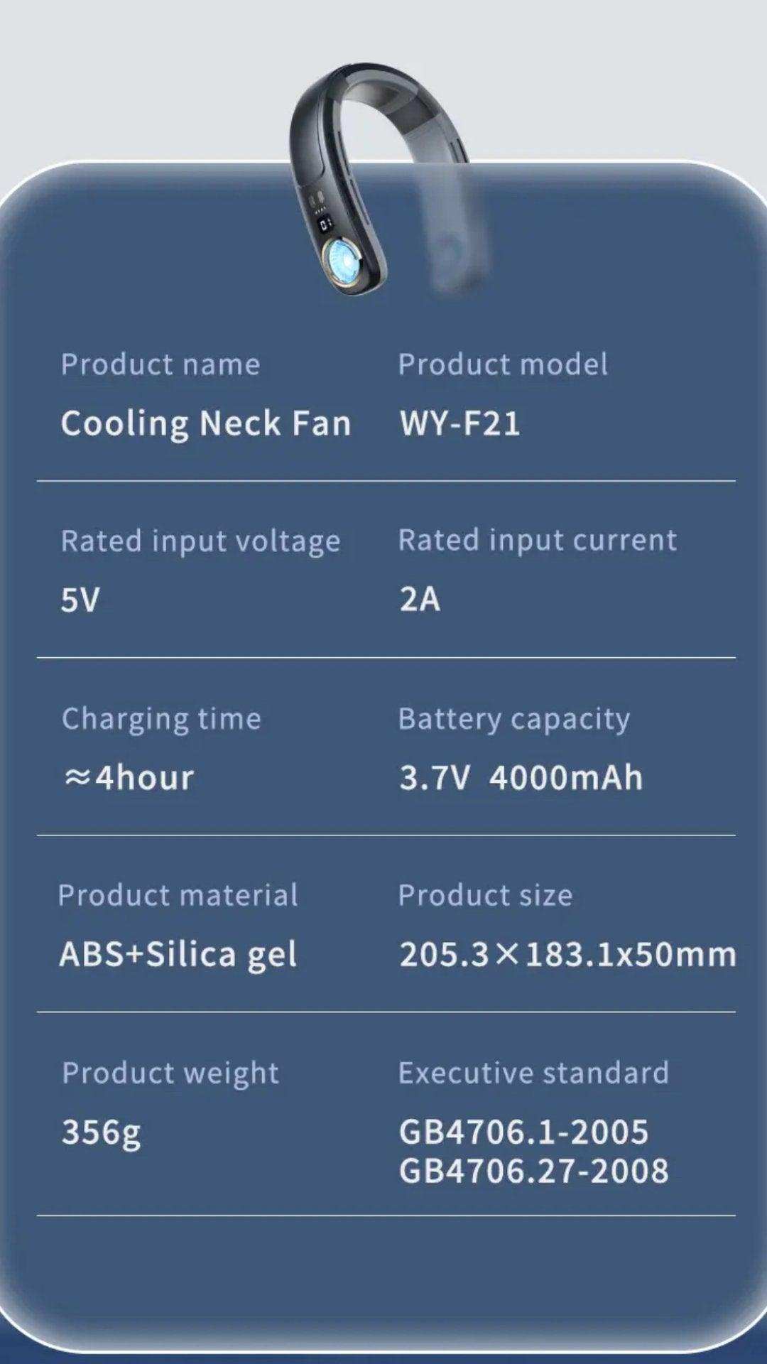 Cooling neck fan WY-F21 with blue light, battery specs, and material details shown, TUTT