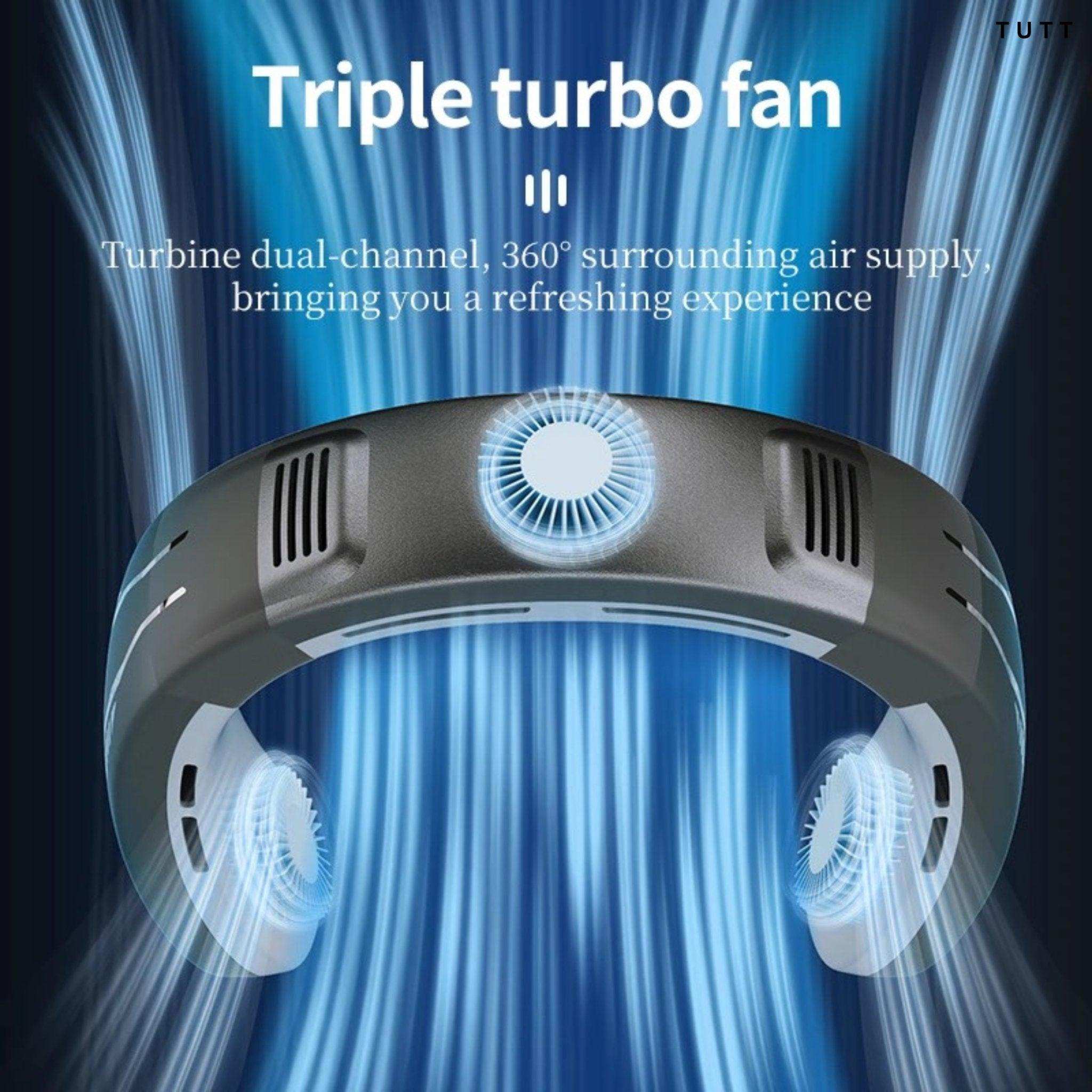 Black bladeless portable neck fan with triple turbo cooling and turbine vents, shown with air flow. TUTT