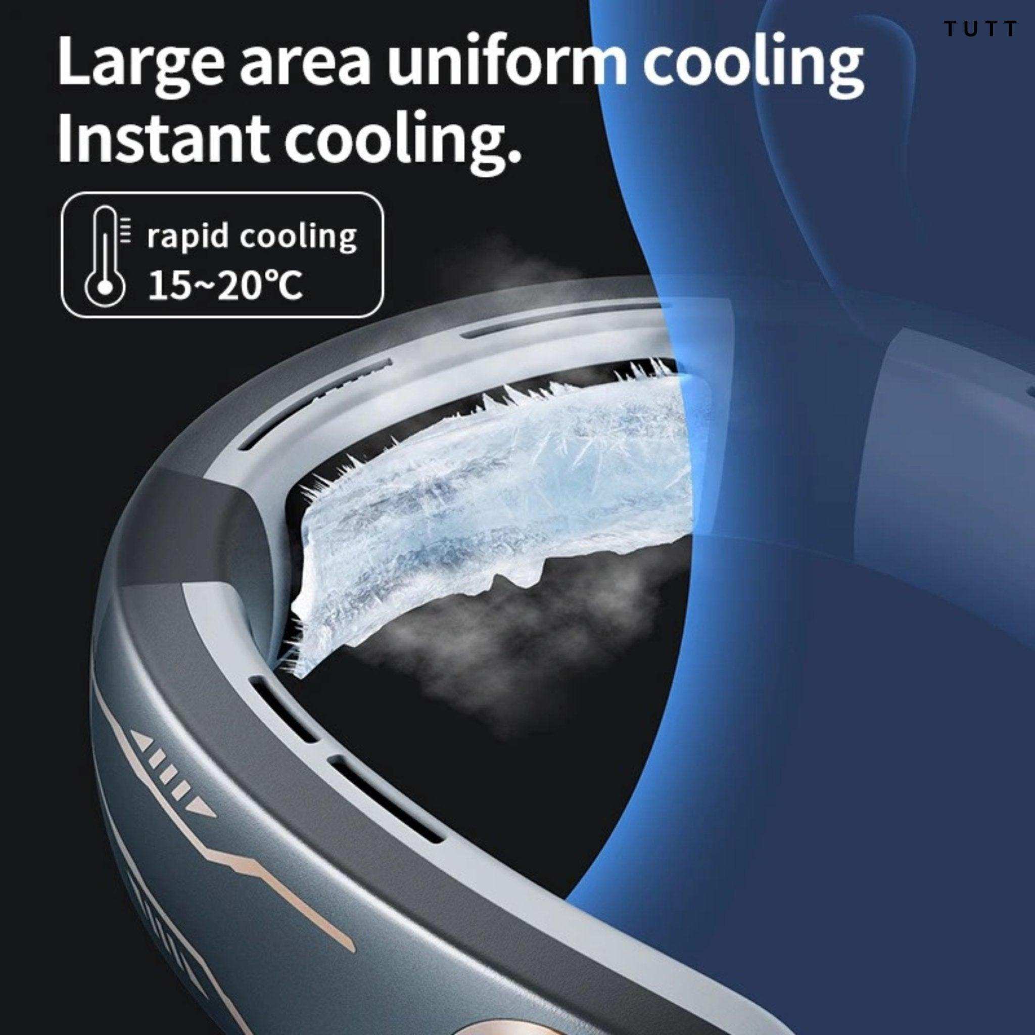 Portable bladeless neck cooling device with ice plate and rapid cooling feature, TUTT