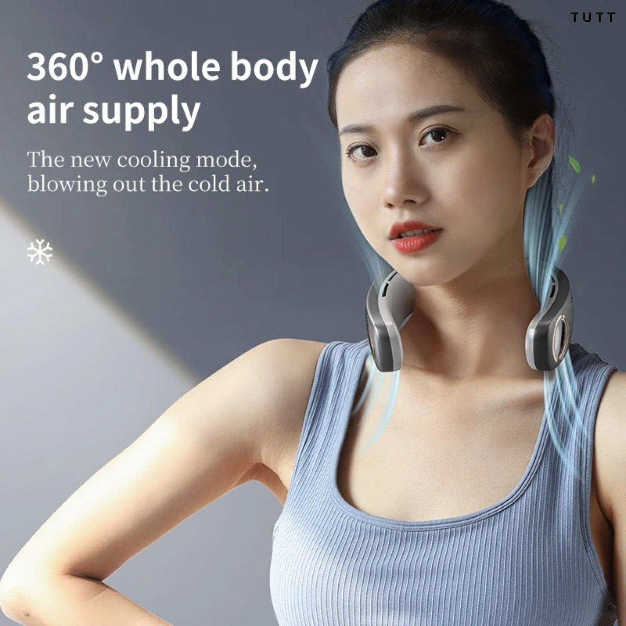 Woman wearing bladeless portable neck fan air conditioner with cooling plate, ambient light, 360° air supply, and USB rechargeable battery, TUTT
