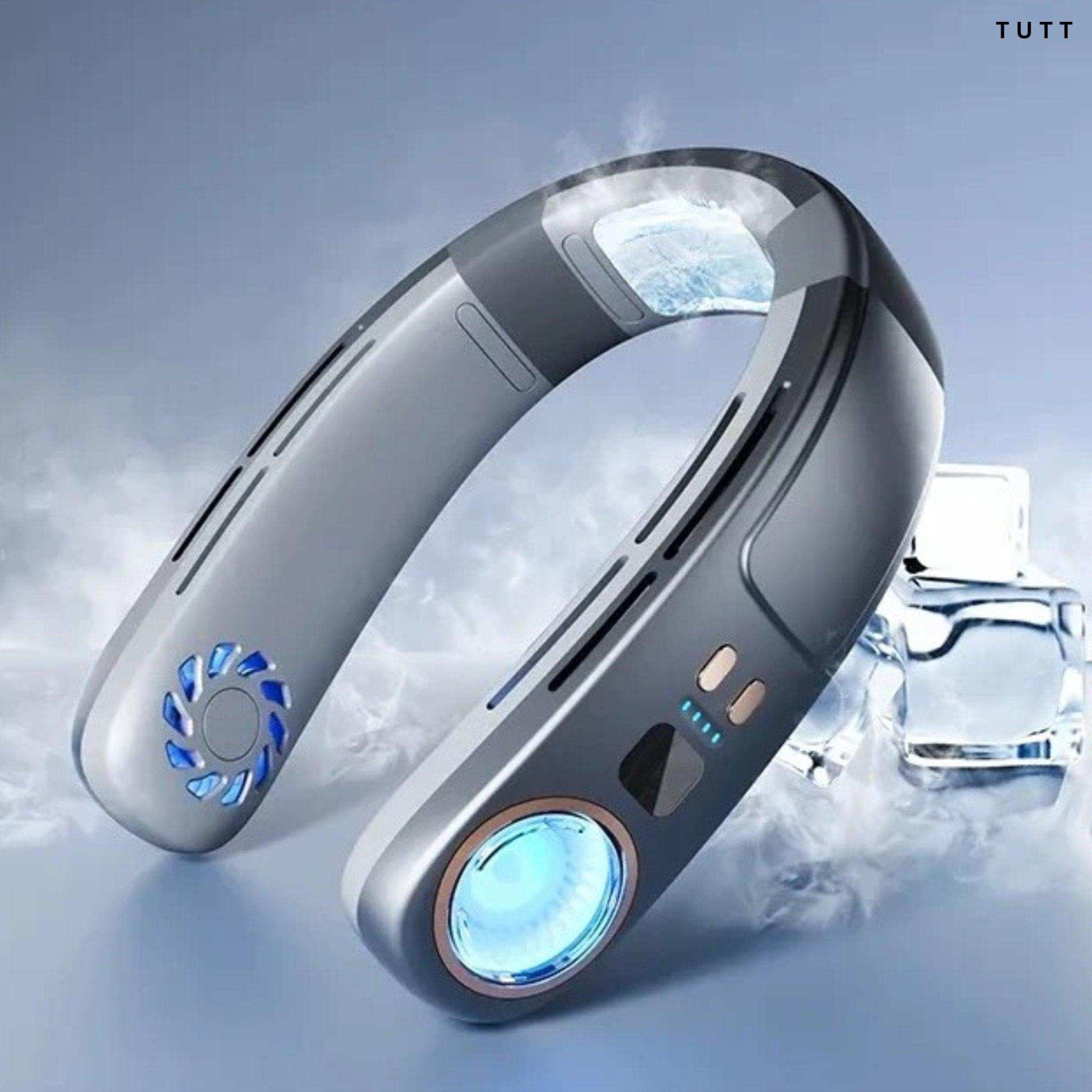 Portable bladeless neck fan with cooling plate, LED lights, USB rechargeable, ice cubes, TUTT