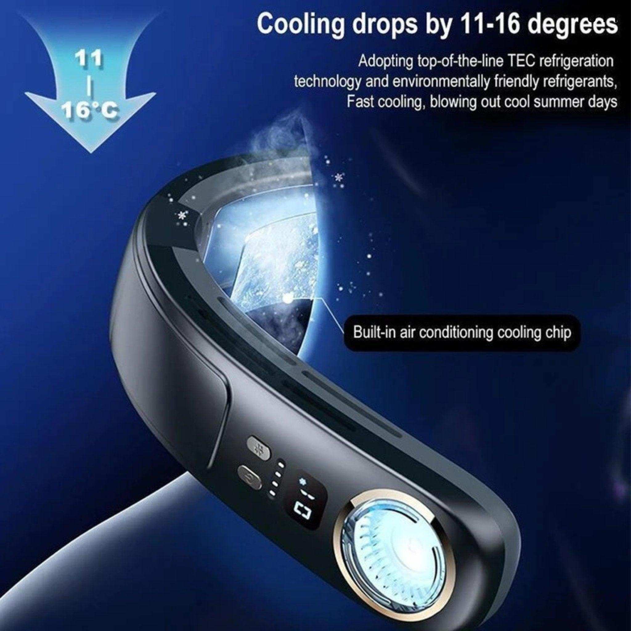 Portable bladeless black neck fan with air conditioning cooling chip and temperature display, TUTT