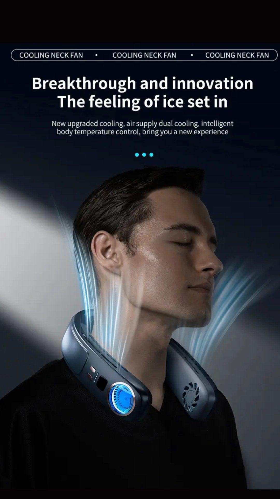 Man wearing a bladeless portable neck cooling fan with blue lights, showcasing airflow around neck, TUTT