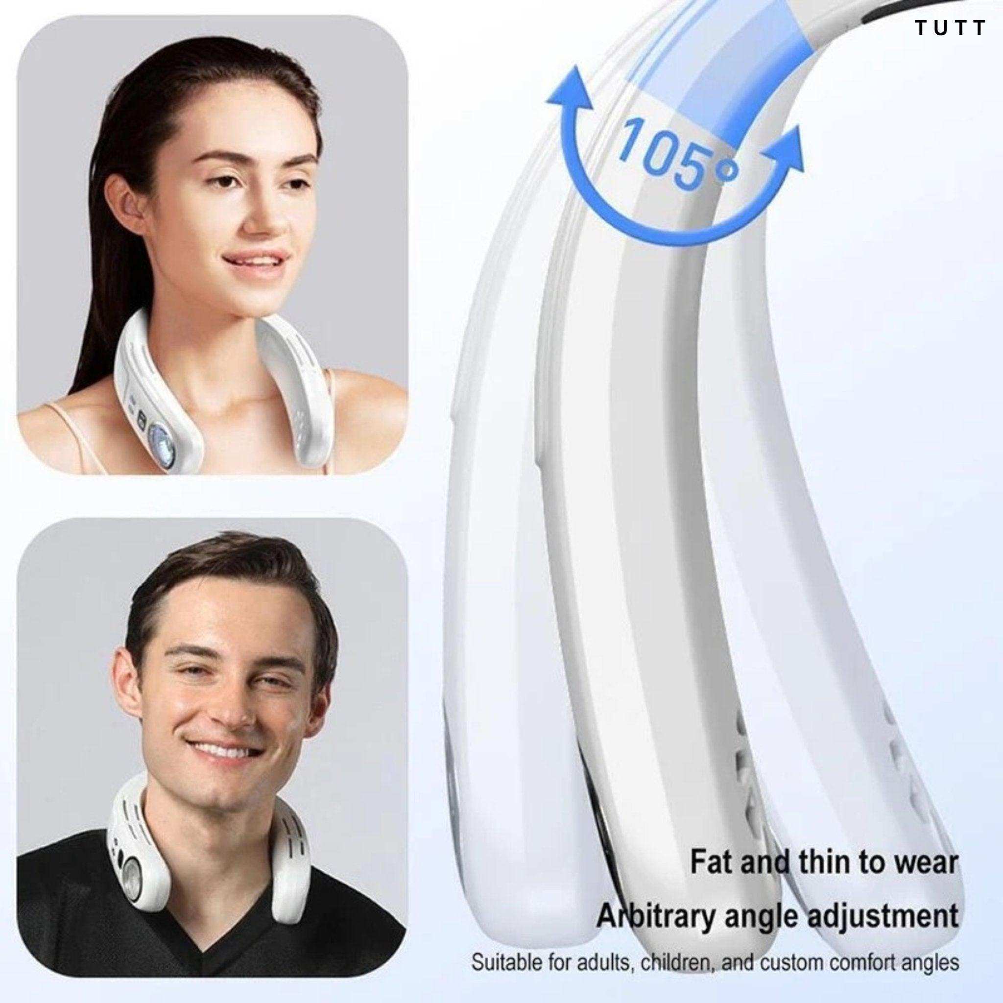 Man and woman wearing white portable bladeless neck cooling fans, adjustable angle, TUTT