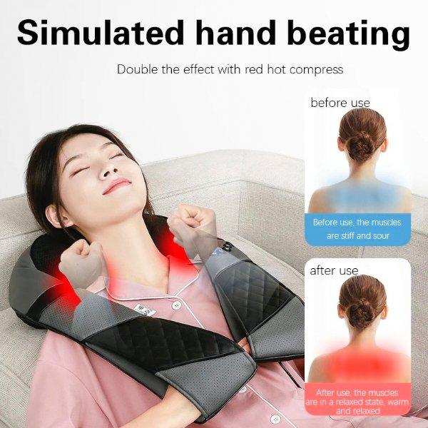 Woman using premium shiatsu neck and shoulder massager with heat, relaxing at home, TUTT