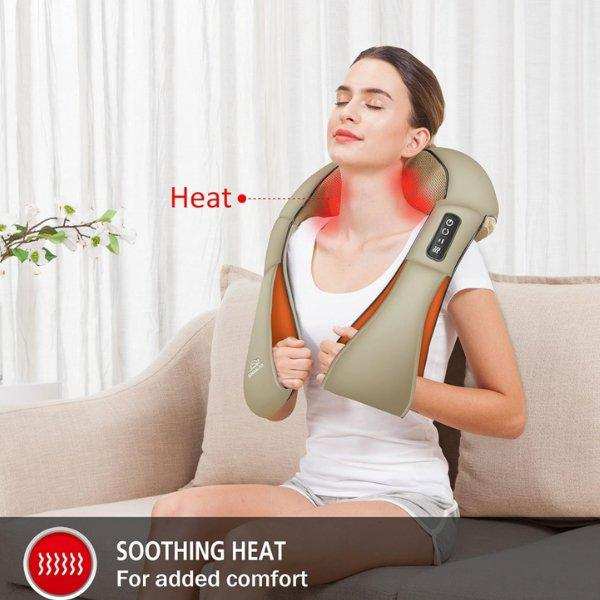Woman using shiatsu neck and shoulder massager with heat on a couch, relaxing comfort TUTT