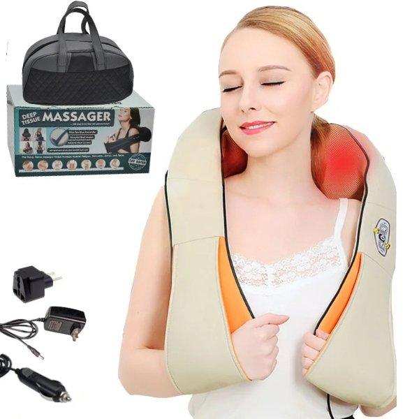 Woman using a shiatsu neck and shoulder massager with accessories and carrying bag TUTT