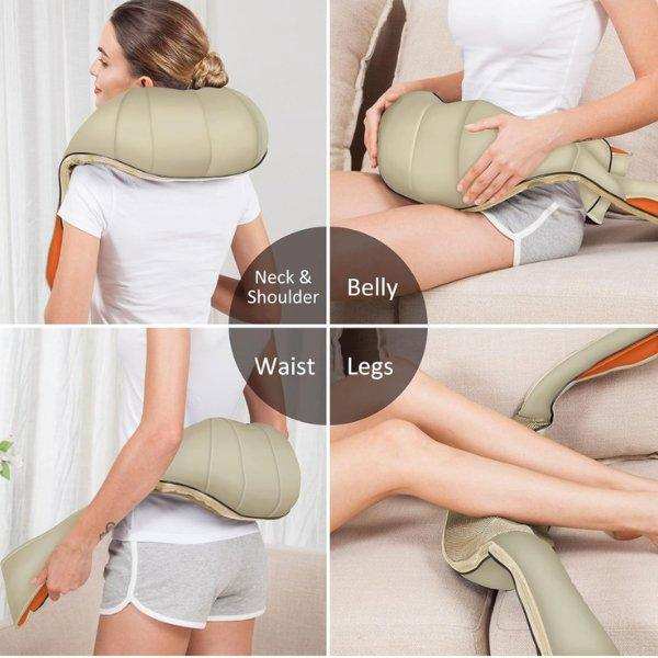 Woman using shiatsu neck and shoulder massager on neck, waist, belly, and legs, beige design, TUTT