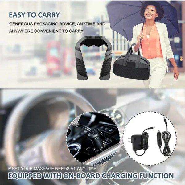 TUTT Premium shiatsu neck and shoulder massager with carrying bag, car and wall chargers, shown portable for travel. TUTT