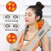 Woman using a shiatsu neck and shoulder massager with heat, control buttons visible, TUTT