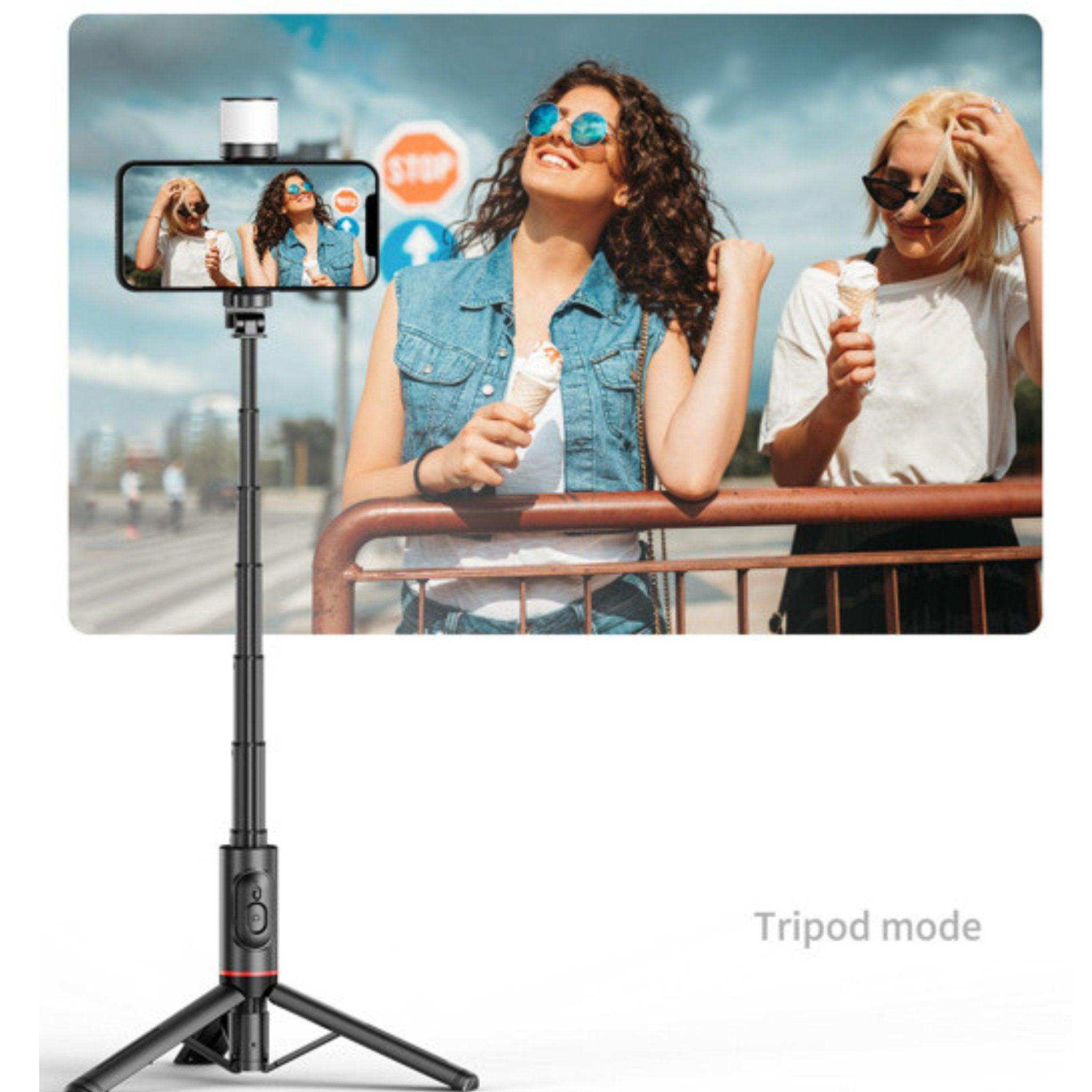 Selfie stick tripod phone holder with fill light, detachable remote, two women taking selfie outdoors, TUTT