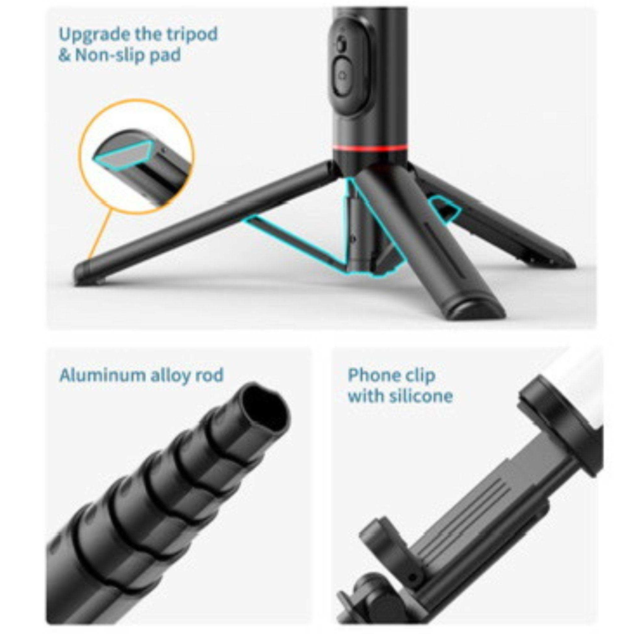 Selfie stick phone holder with upgraded tripod, non-slip pad, aluminum alloy rod, and silicone phone clip. TUTT
