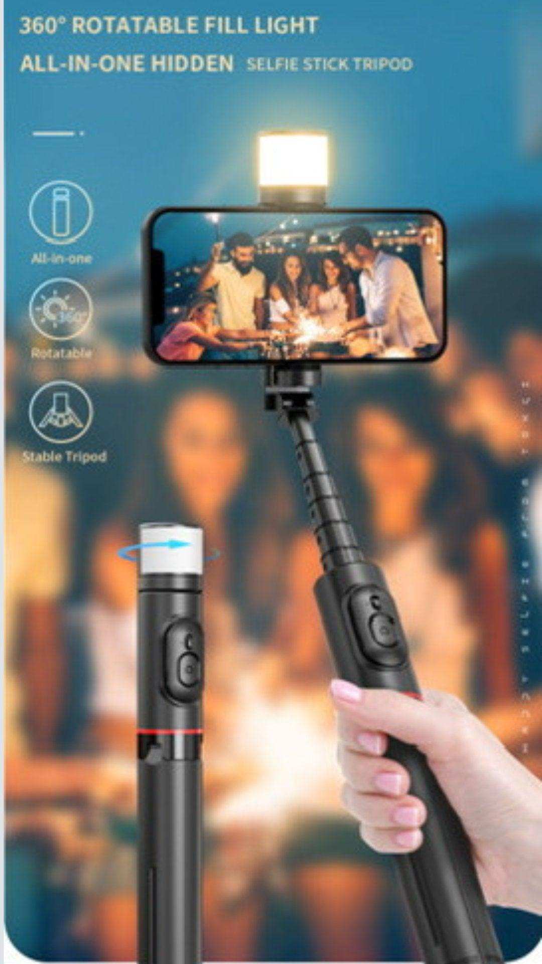Selfie stick phone holder with rotatable fill light, detachable remote, tripod base, TUTT