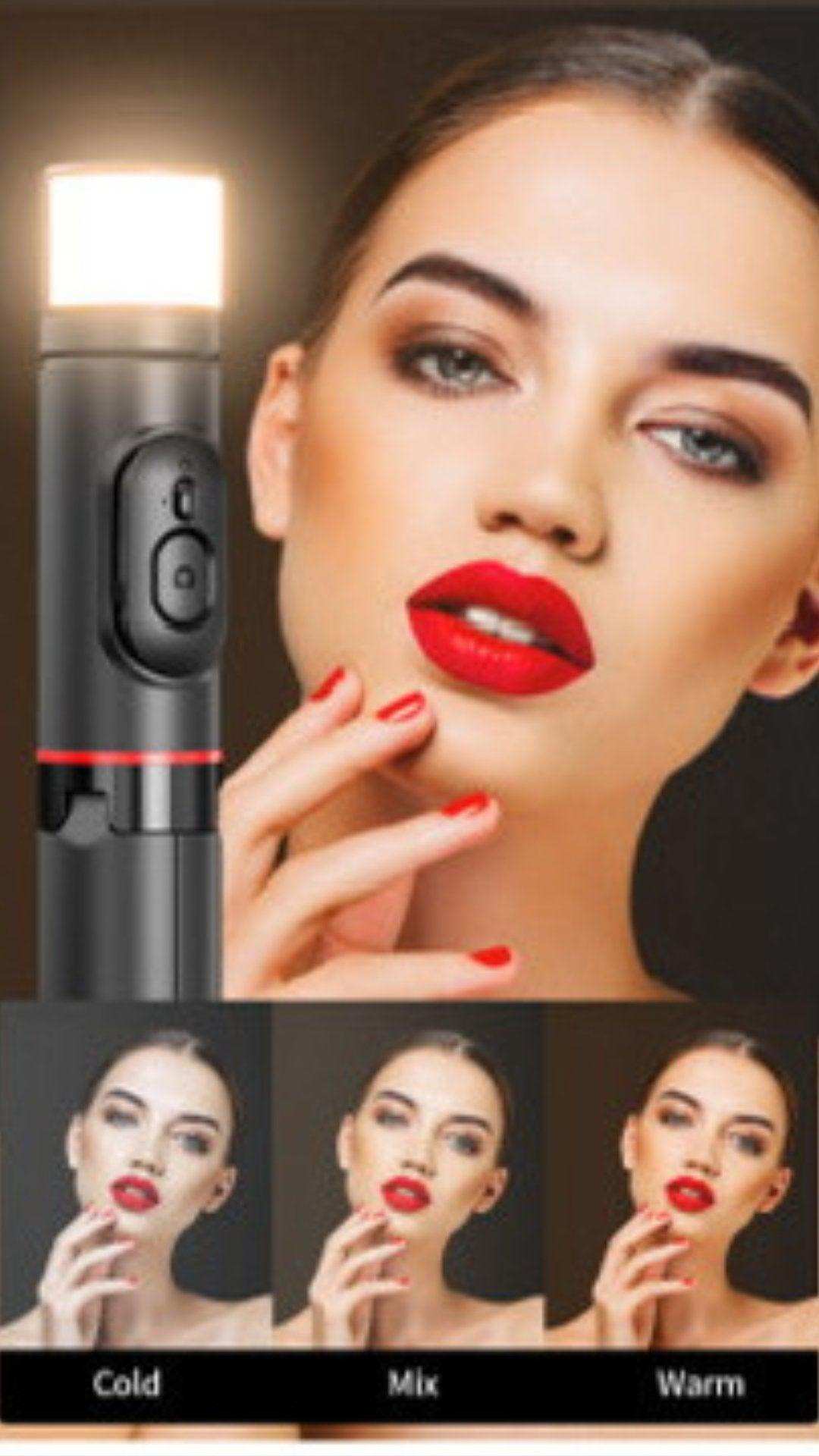 Selfie stick phone holder with fill light, showing adjustable lighting modes cold, mix, warm TUTT