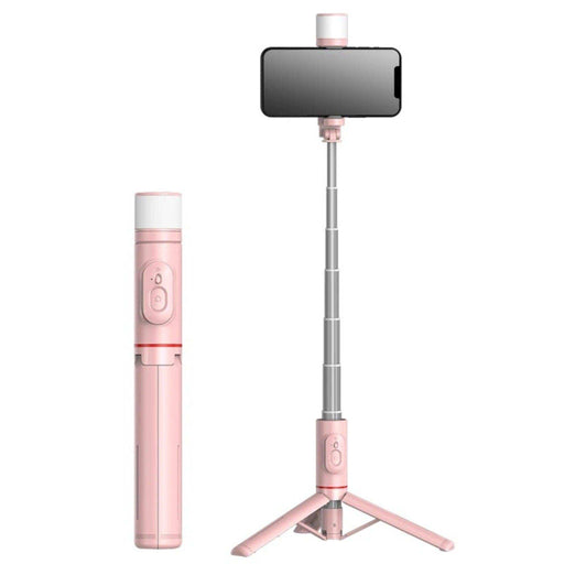Pink selfie stick phone holder with fill light, tripod legs, and extendable pole, TUTT