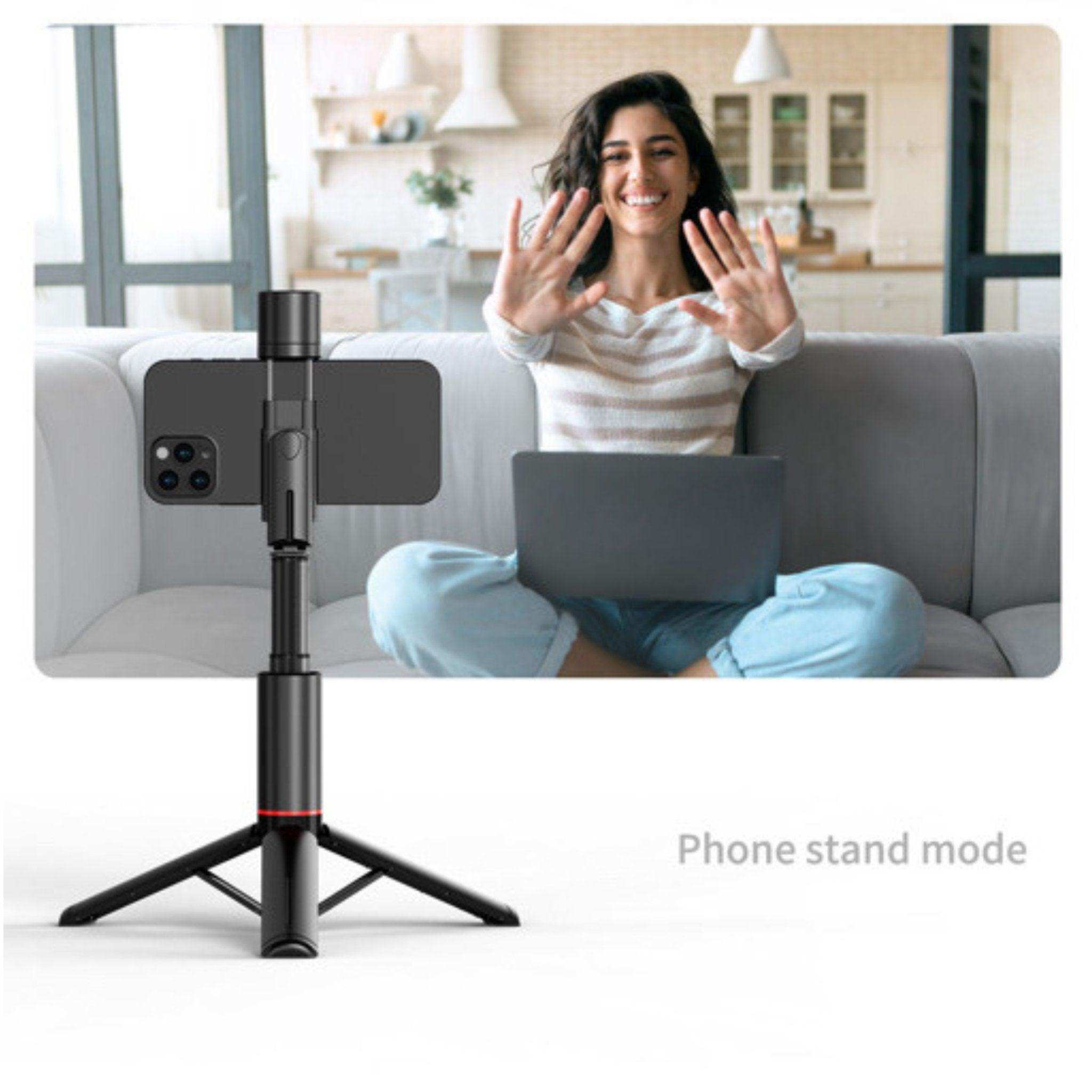 Selfie stick phone holder with fill light and tripod, woman video calling on sofa, TUTT
