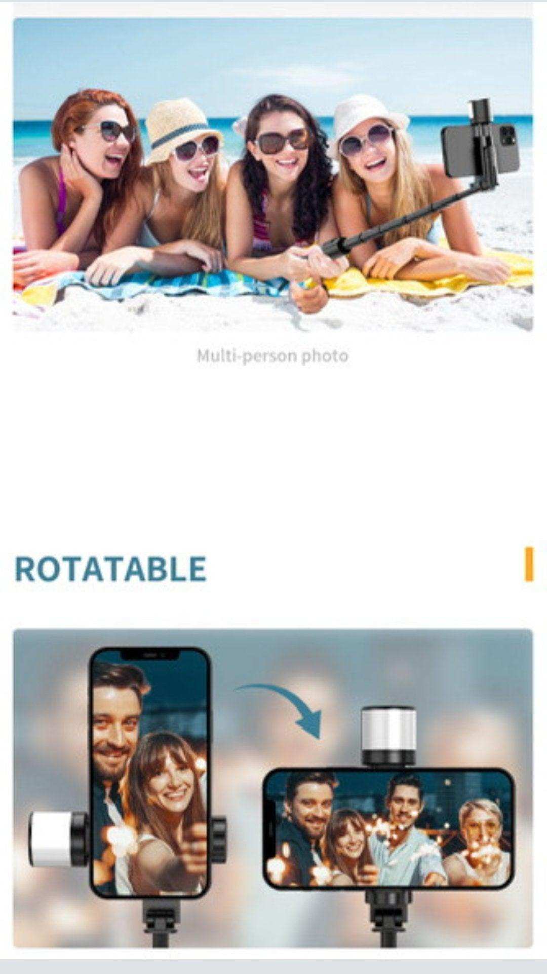 Selfie stick phone holder with fill light and rotating mount shown in group beach and party photos TUTT