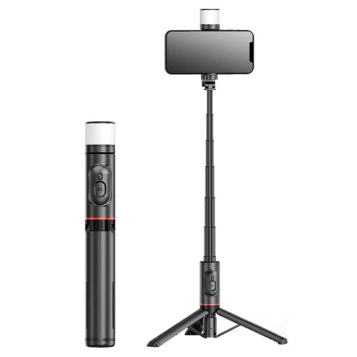 Black selfie stick phone holder with fill light, tripod legs, and remote control, TUTT