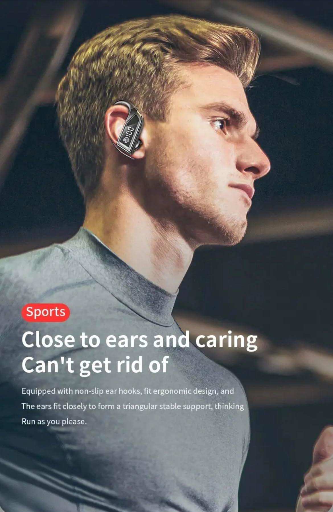 Man wearing TUTT Q8 TWS wireless earphone with LED display, sport headphones, close up. TUTT