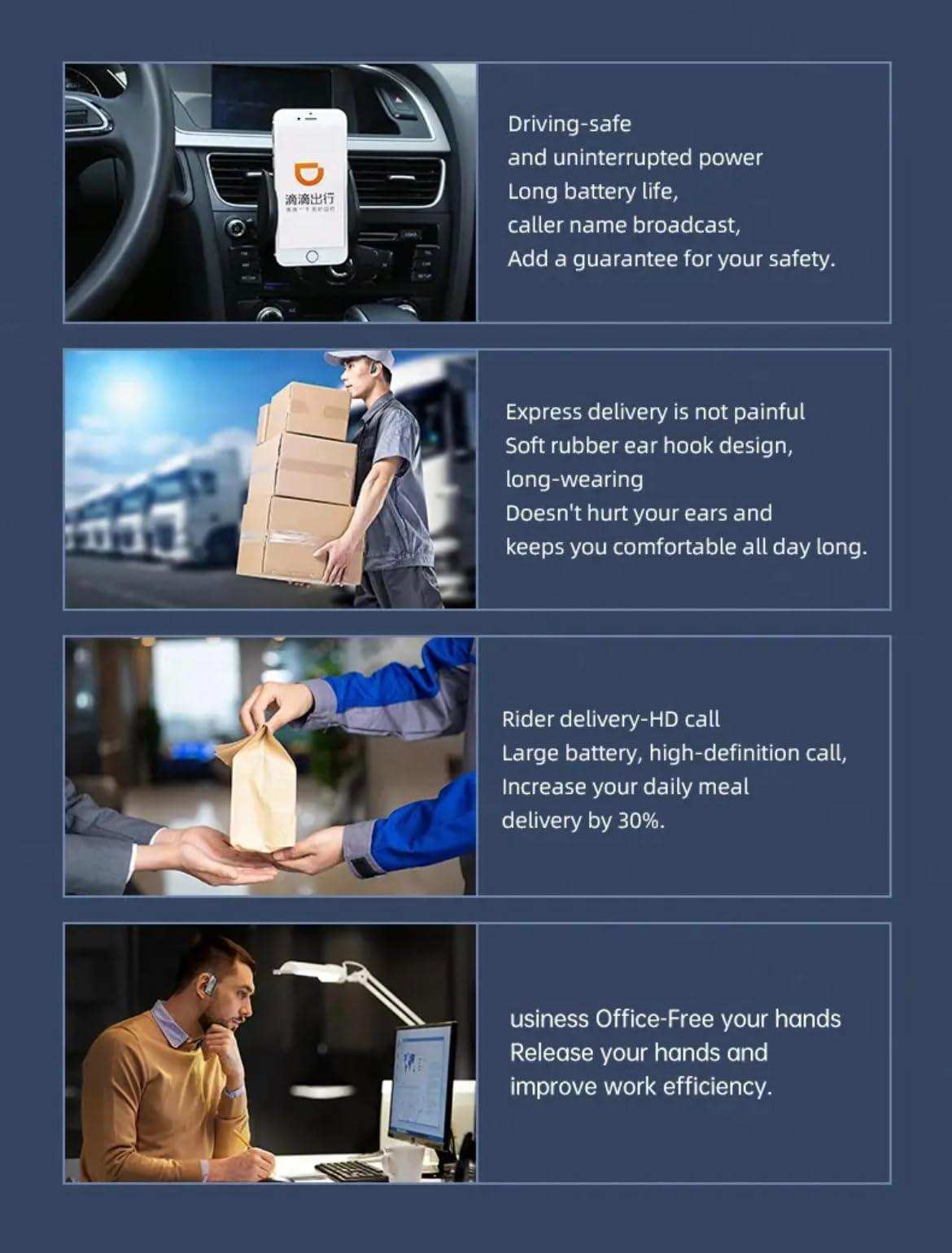 Collage showing TWS wireless earbuds features for safe driving, delivery, business, and office use TUTT
