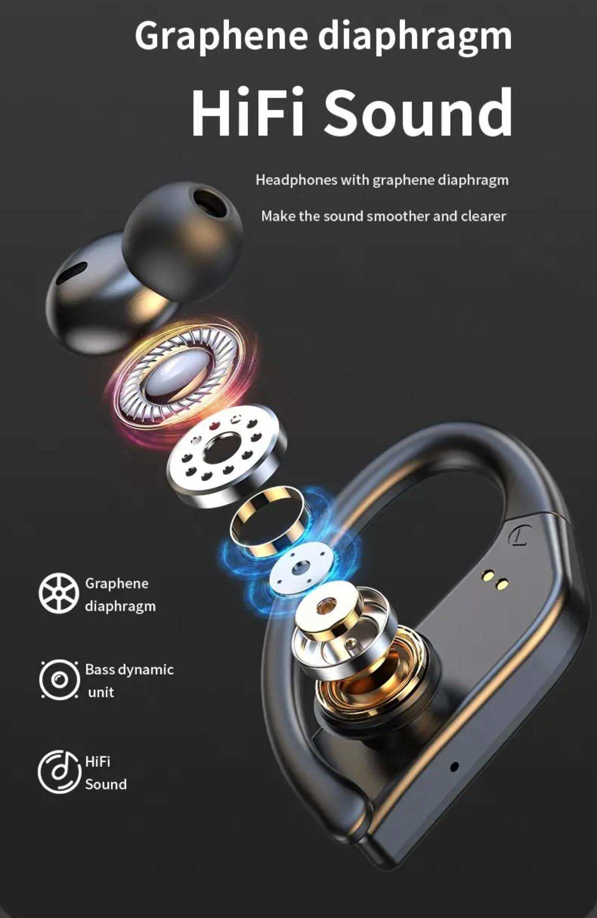 Exploded view of wireless earbud with graphene diaphragm, bass unit, HiFi sound features, TUTT