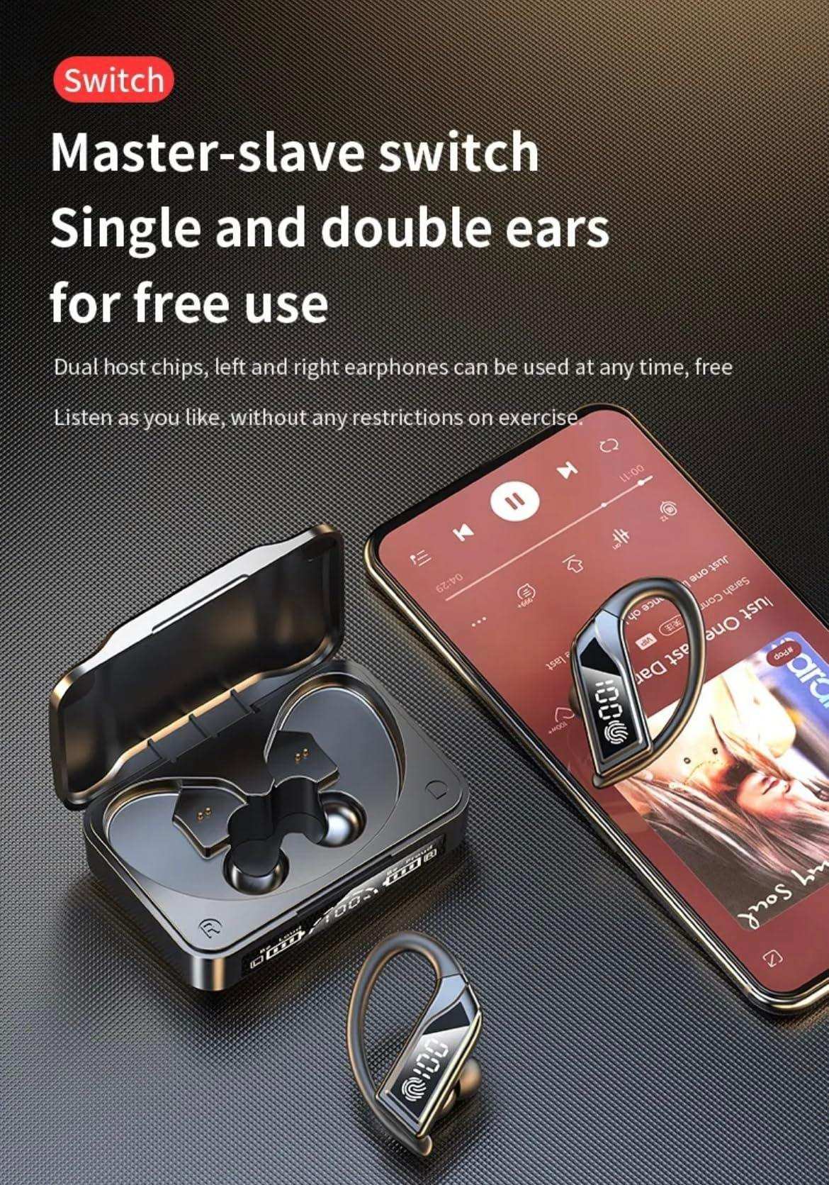 TUTT Q8 wireless stereo earbuds with LED display, charging case, and smartphone on textured surface TUTT