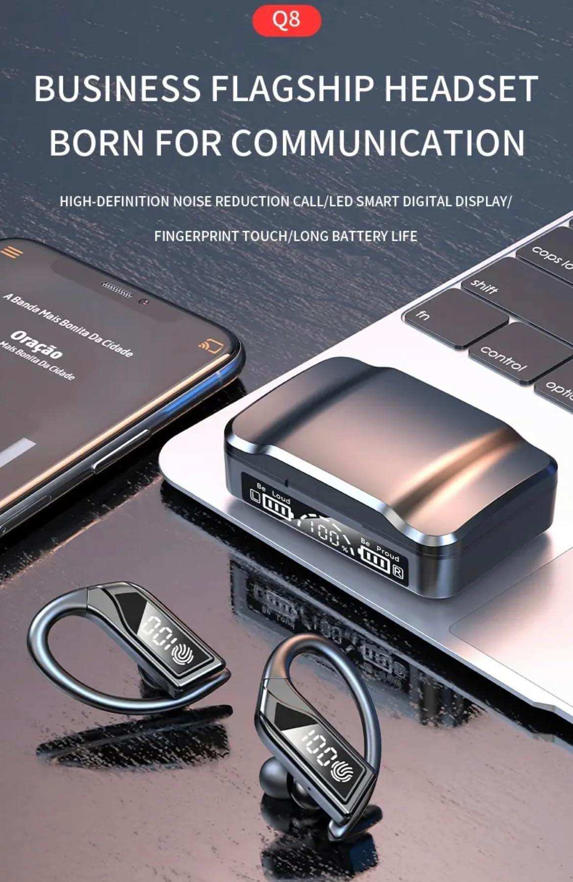 Q8 wireless TWS sport earbuds with LED digital display case on a desk beside laptop and smartphone, TUTT