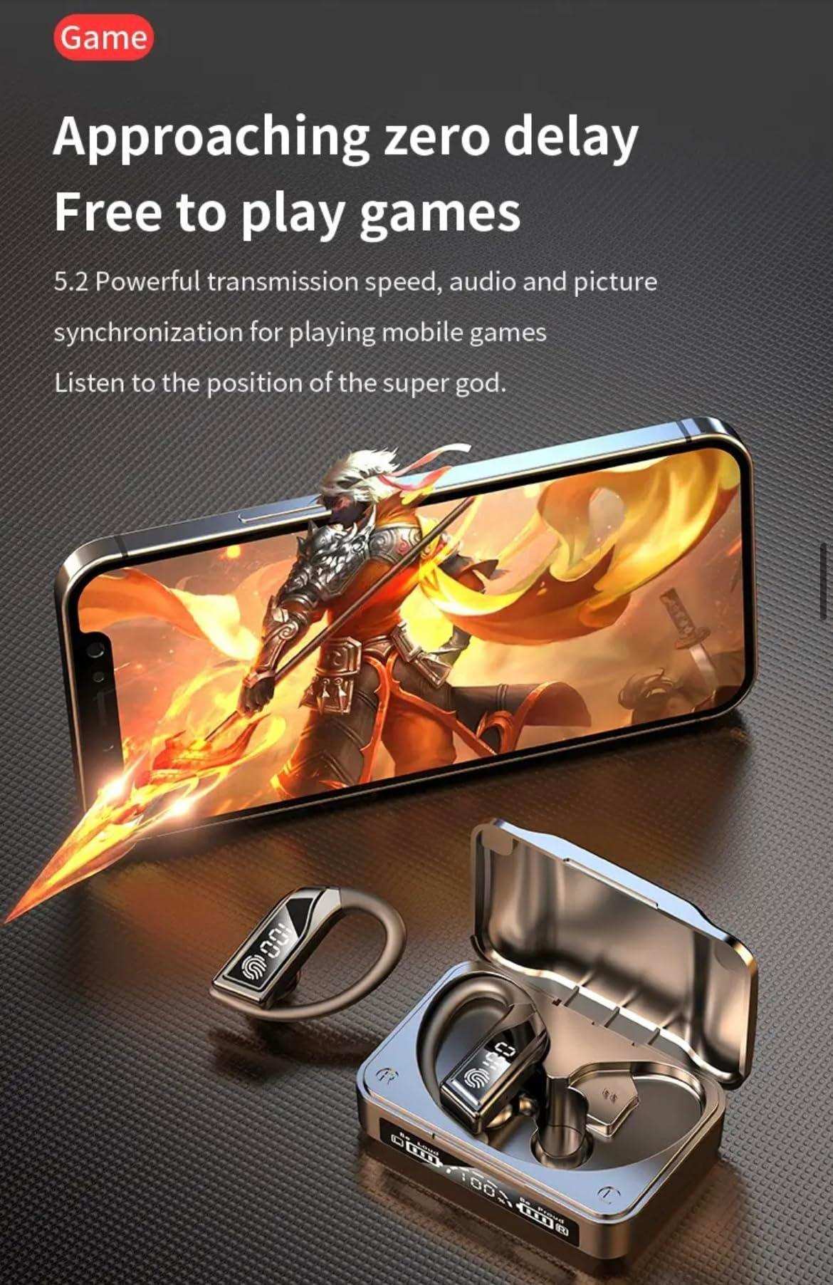 TUTT Q8 TWS wireless earbuds with LED display in charging case, smartphone gaming setup, metallic background. TUTT