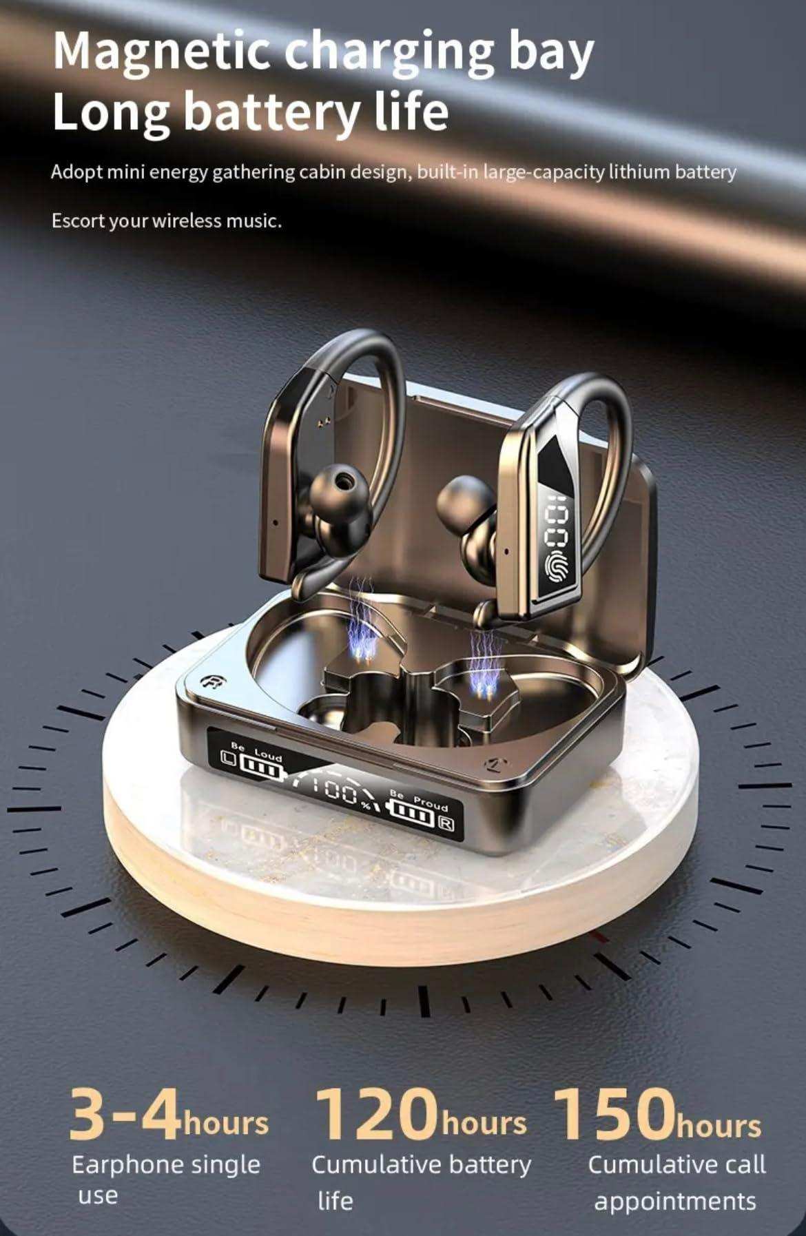 TUTT Q8 TWS wireless earbuds in an LED display charging case with ear hooks, shown on a round stand. TUTT