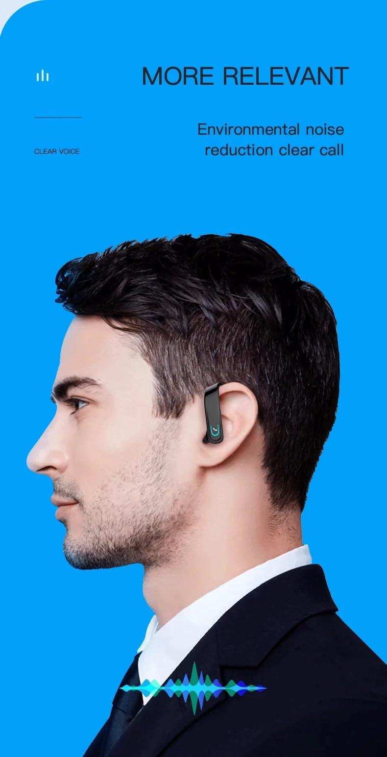 Man in suit wearing black right ear hook Bluetooth headset with microphone, blue background, TUTT