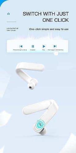 White right ear hook Bluetooth earphone with microphone, music control buttons, on blue background, TUTT