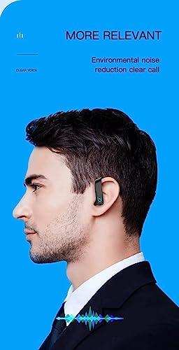 Man wearing black right ear hook Bluetooth headset with microphone, business attire, blue background, environmental noise reduction text displayed. TUTT