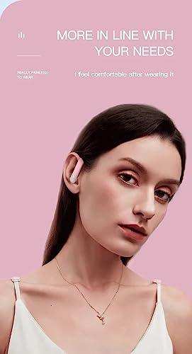 Woman wearing a right ear Bluetooth ear hook with microphone, handsfree design, pink background, TUTT