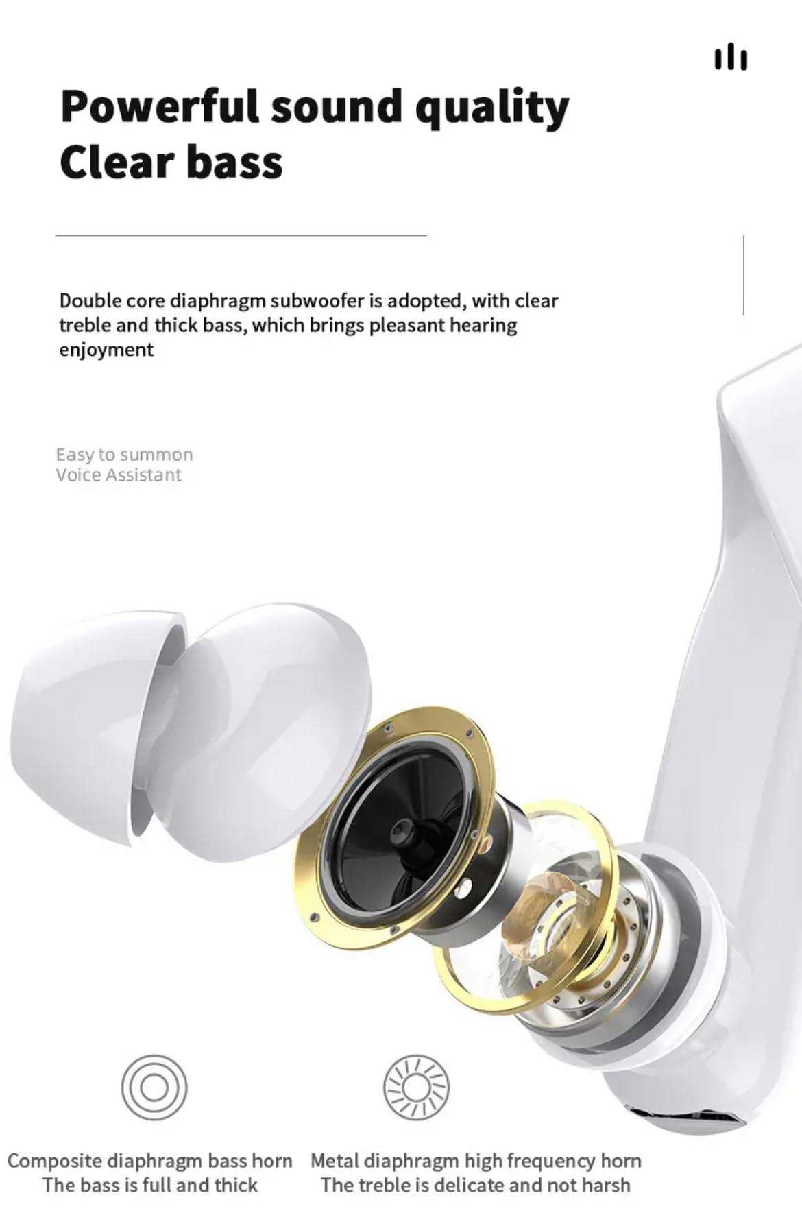 Exploded view of white in-ear earbud showing internal bass and treble driver components, TUTT