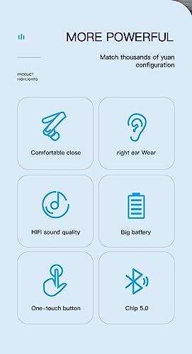 Feature list graphic for TUTT right ear hook with microphone, showing icons and text for comfortable close, right ear wear, HiFi sound quality, big battery, one-touch button, and chip 5.0. TUTT