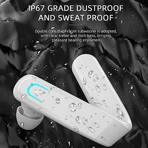 White wireless Bluetooth ear hook headset with microphone, water droplets, IP67 dustproof and sweatproof, on black background. TUTT