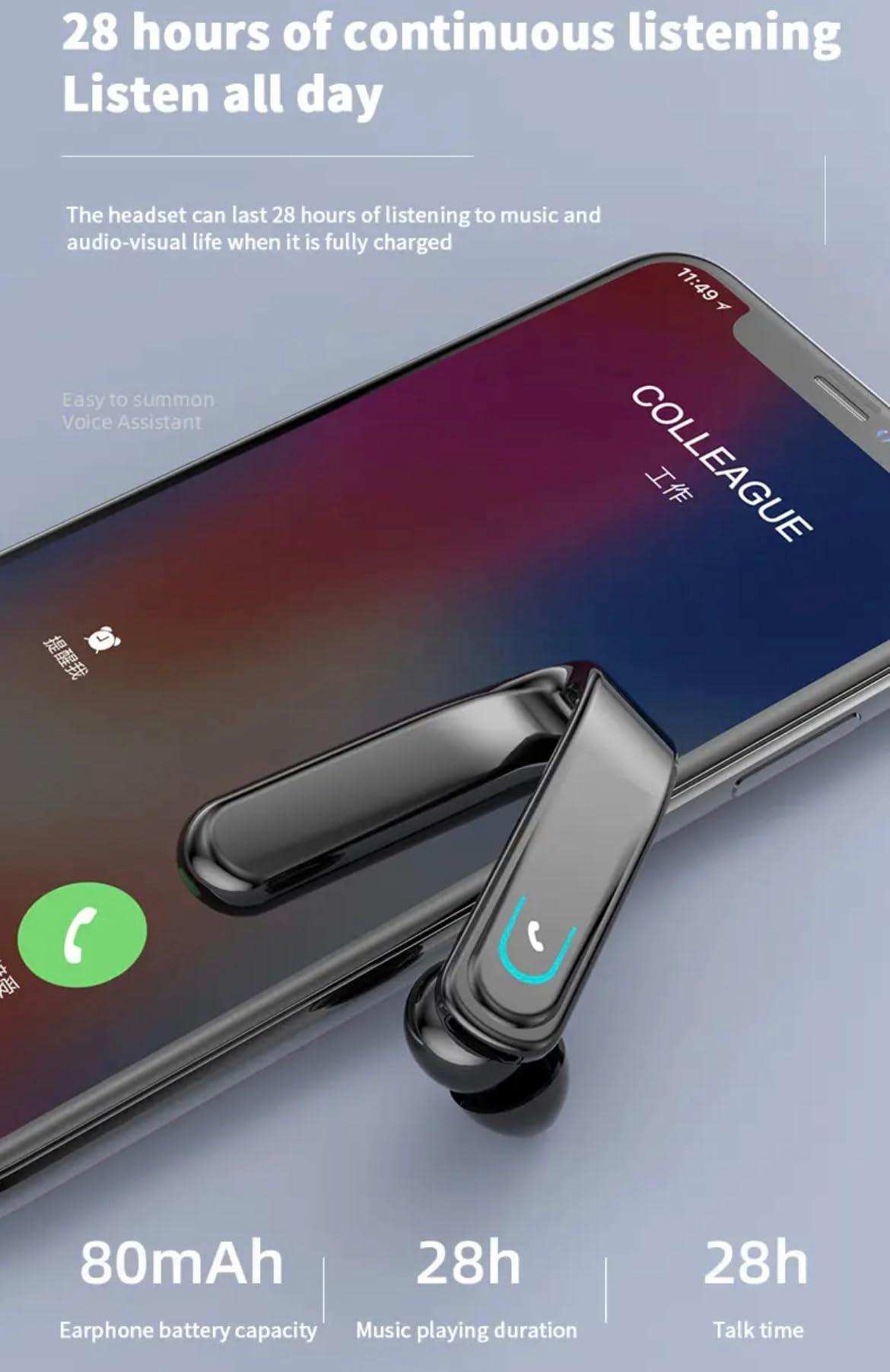 Wireless single-ear hook Bluetooth earphone with microphone on smartphone display, 28h battery life, TUTT